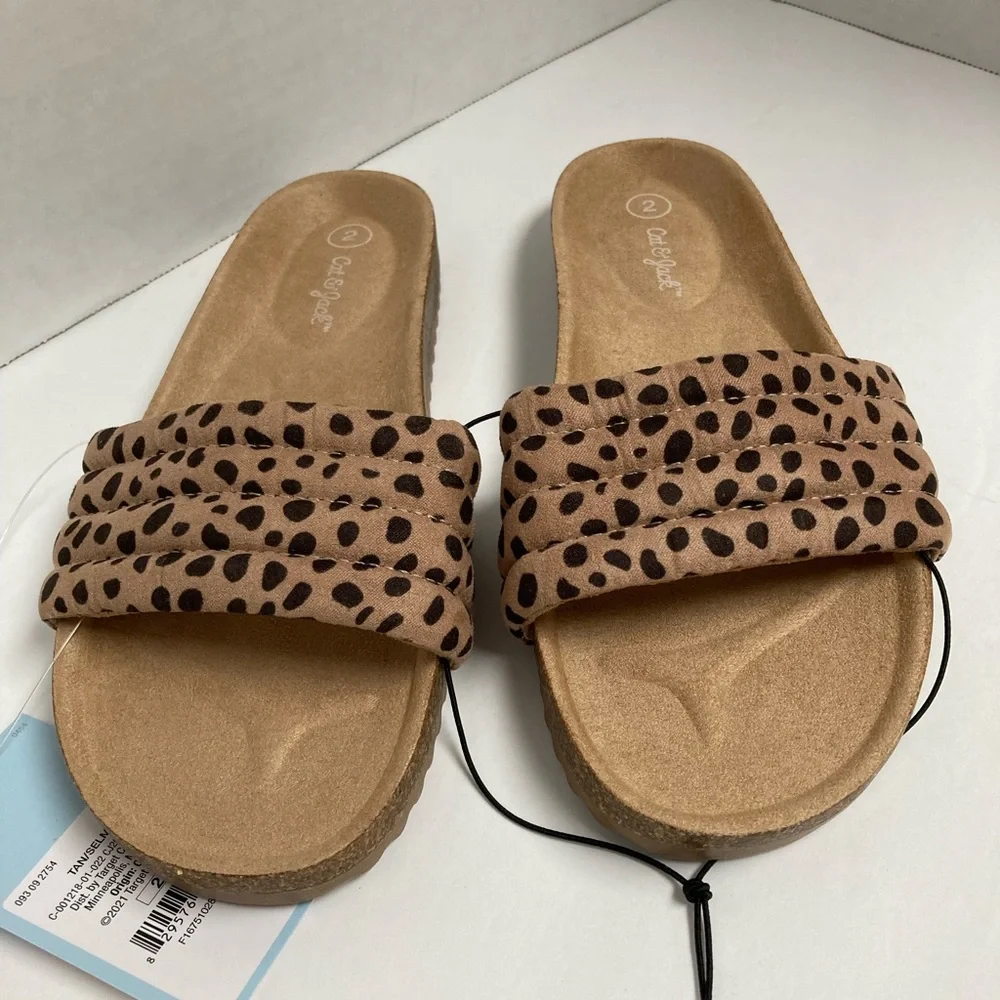 Girls Sandals Leopard Print Selma Tan with Black Spots Slip On Shoes Cat & Jack - Picture 8 of 9